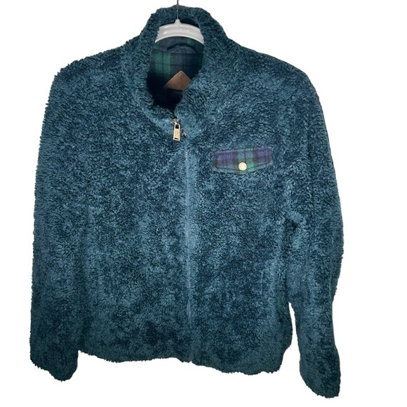 Pendleton Blue Teddy Sherpa Plaid Full Zip Long Sleeves Pockets Jacket Sz Large - Picture 4 of 13